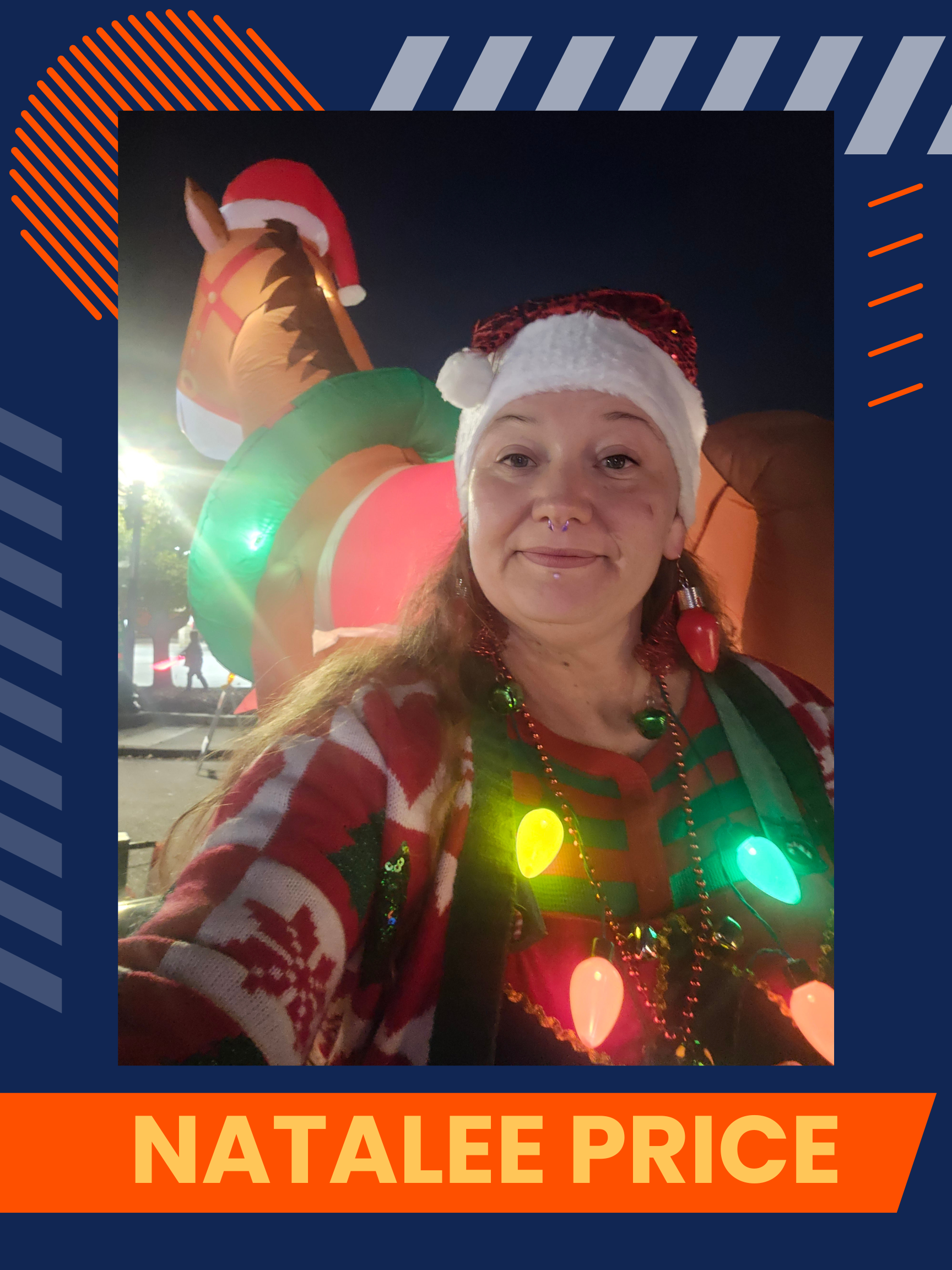 Natalee Price, a woman wearing a Christmas sweater, a Santa hat, and other Christmas jewelry.