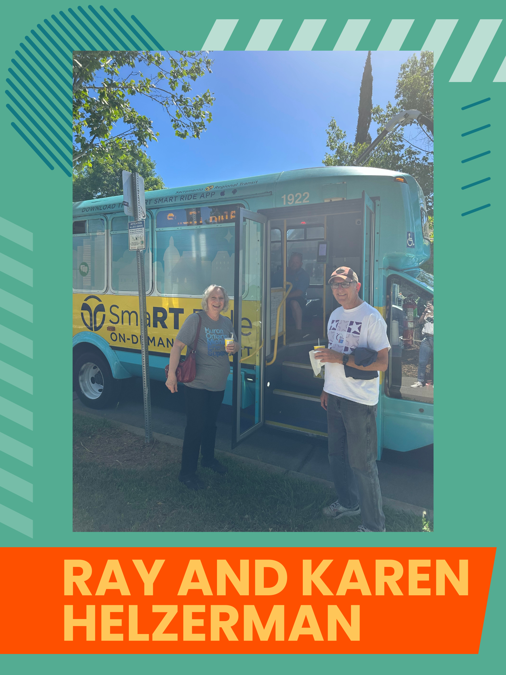 Ray and Karen Helzerman, a man and a woman standing beside the door to a Smart Ride bus.
