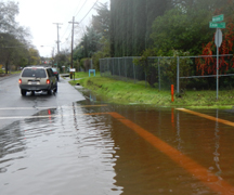 Cook Ave Flooded - intersection with flooded crosswalk and a stoppee car